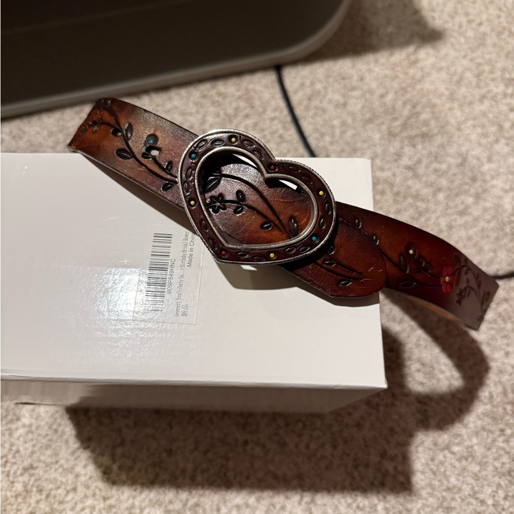 Brighton Brown Floral Embossed Leather Belt with Heart Buckle